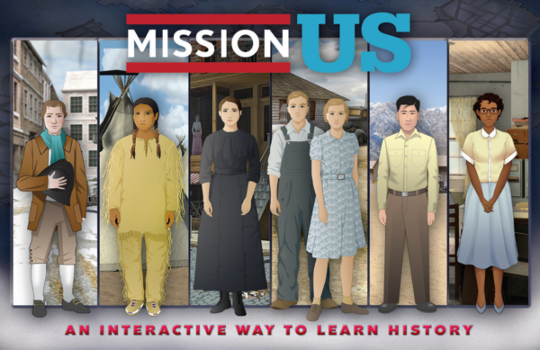 Images of characters from the Mission US teams with the text "Mission US: An interactive way to learn history"